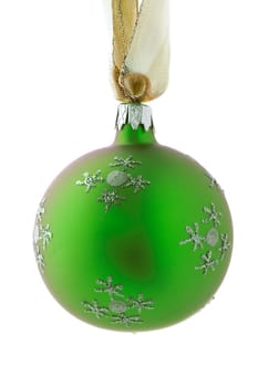 Green Christmas ball hanging. Isolated on white.
