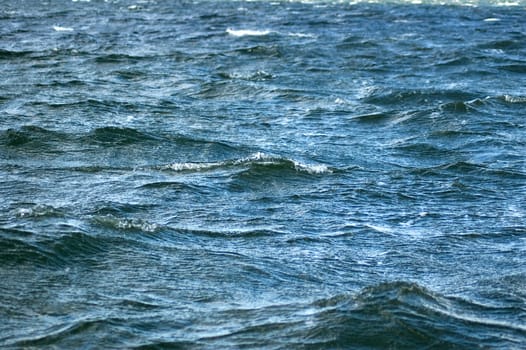 Dark blue water with calm waves.