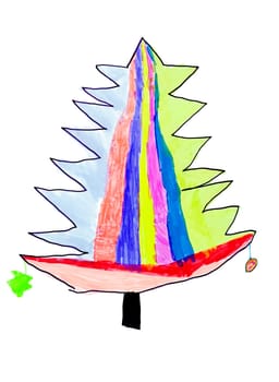 Children's painting of a Christmas tree. Isolated on white.