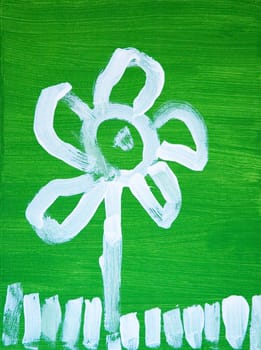 Children's painting of a flower, on green painted canvas.