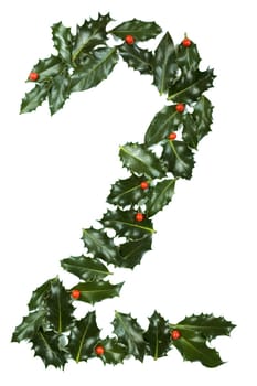 Holly Leaves with berry's in the form of the digit two. Isolated on white.