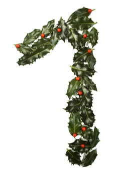 Holly Leaves with berry's in the form of the digit one. Isolated on white.