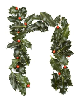 Holly Leaves with berry's in the form of the letter N. Isolated on white.