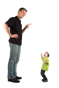 Caricature of a large father and an extra small child. The child is very scared for his father. Use it for all kinds of raising children problems.