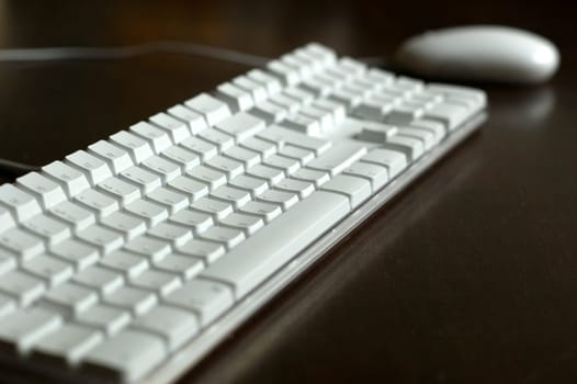 Closeup of keyboard and mouse. Focus on middle of keyboard.