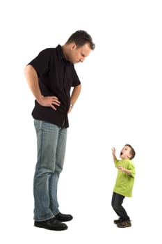 Caricature of a large father and an extra small child. The child is very scared for his father. Use it for all kinds of raising children problems.