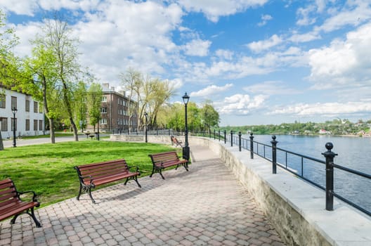 Quay of the River Narva spring sunny day