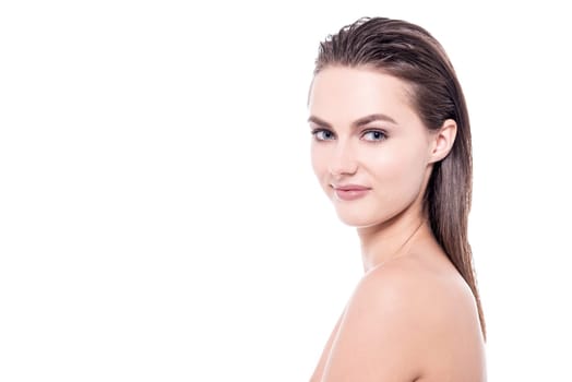 Side pose of a bare shoulder woman
