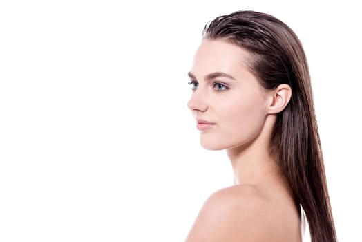 Caucasian woman with fresh clean skin over white