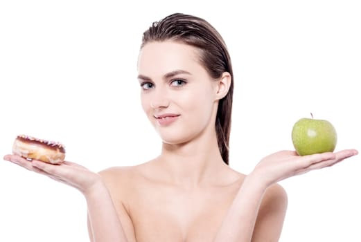 Young woman with fruit and dessert