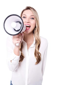 Confident young woman with a loudhailer