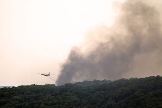 Tracker water bomber in the sky of southern France from extinguishing a forest fire.