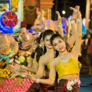 Traditional Thai Dance Girls at the Elephant Round-up Festival in the city of Surin in Northeastern Thailand in Southeastasia.