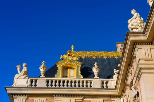 Castle of Versailles, architectural detail and gilding of the facade and roof