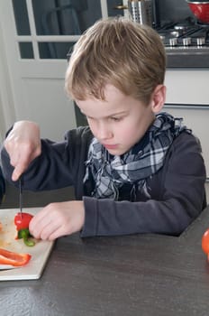 Boy cutting a red pepper, getting ready to cook.