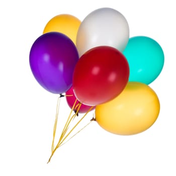 Bunch of colorful balloons against a white background.