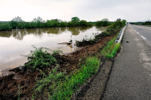 French landscape Cevennes flooded after heavy rains in some of St. Hyppolite-du-Fort on the edge of road.