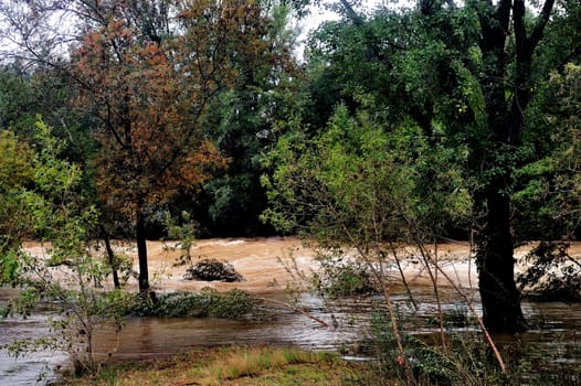 The Vidourle river in flood after heavy rains in France located in the Gard department in the foothills of the Cevennes.