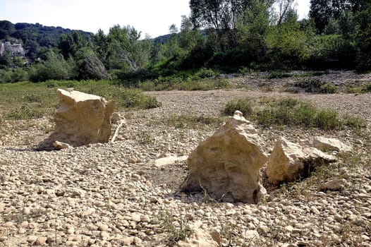 The bed of the river Gardon completely dry during the summer in the French department of Gard in the south-east