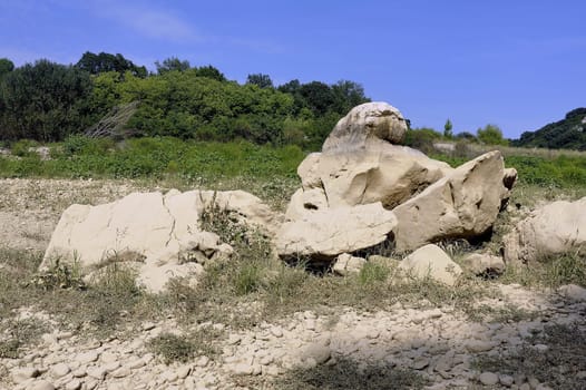 The bed of the river Gardon completely dry during the summer in the French department of Gard in the south-east