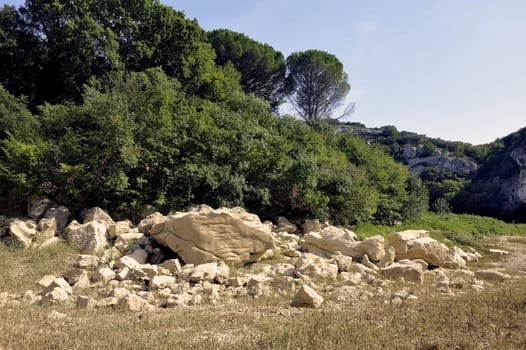 The bed of the river Gardon completely dry during the summer in the French department of Gard in the south-east
