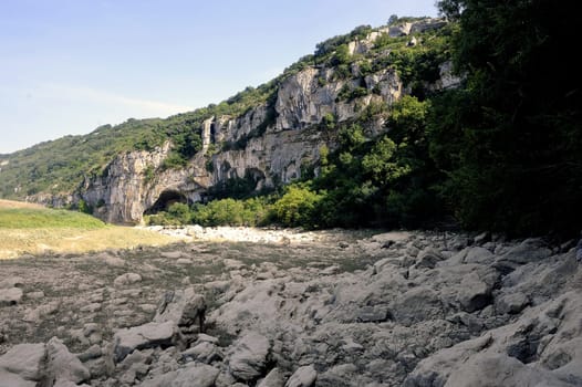 The bed of the river Gardon completely dry during the summer in the French department of Gard in the south-east