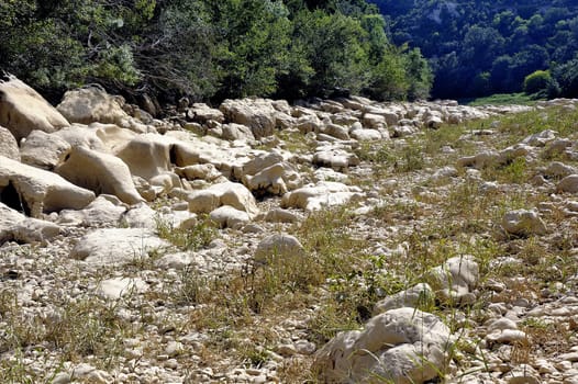 The bed of the river Gardon completely dry during the summer in the French department of Gard in the south-east