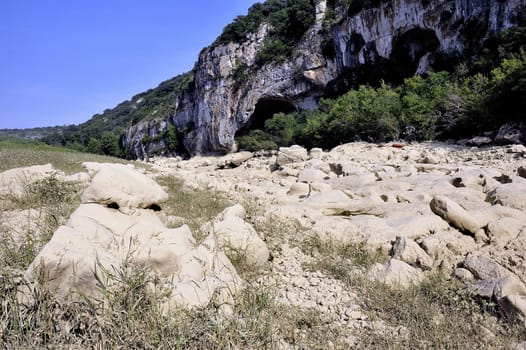 The bed of the river Gardon completely dry during the summer in the French department of Gard in the south-east
