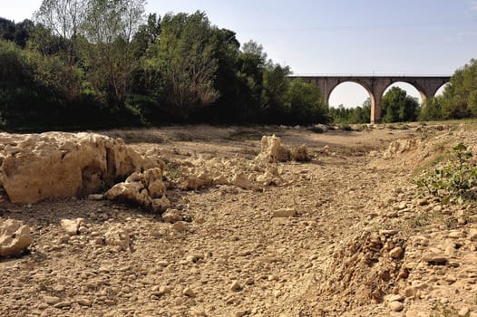 The bed of the river Gardon completely dry during the summer in the French department of Gard in the south-east