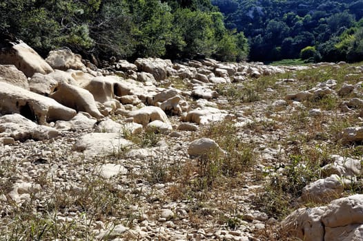 The bed of the river Gardon completely dry during the summer in the French department of Gard in the south-east