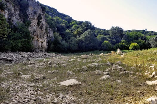The bed of the river Gardon completely dry during the summer in the French department of Gard in the south-east