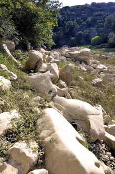 The bed of the river Gardon completely dry during the summer in the French department of Gard in the south-east