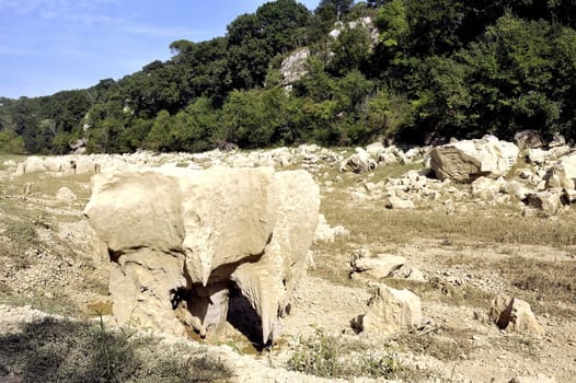 The bed of the river Gardon completely dry during the summer in the French department of Gard in the south-east