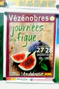 Poster announcing the feast of figs in late September as every year in the village of Vezenobres in the French department of Gard