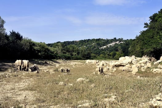 The bed of the river Gardon completely dry during the summer in the French department of Gard in the south-east