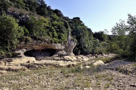 The bed of the river Gardon completely dry during the summer in the French department of Gard in the south-east