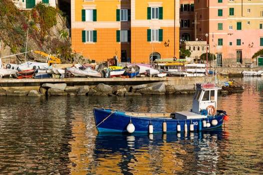 View of a fishing boat in a harbor of a seaside town