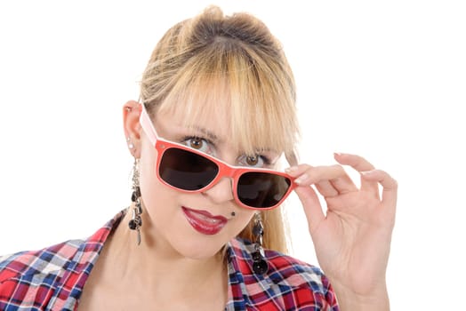 pretty young woman with red sunglasses, isolated on white