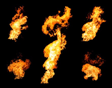Collection of gas flare spurts of fire raging flame isolated on black photo set