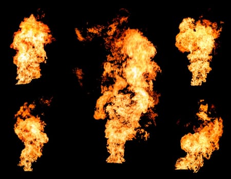 Blazing fire raging flame of burning gas or oil photo set isolated on black background