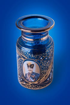 Iranian Antique Jar Illustrated By Shah Portraiture, Created in Isfahan Iran on Blue Background, Clipping Path Included.