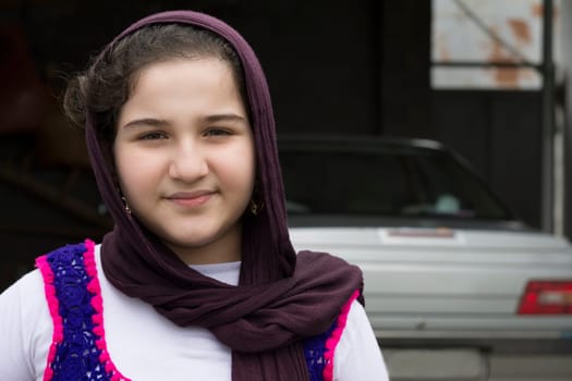 Portrait of Teenage Beautiful Girl Wearing Traditional Knitted Cloth with Shawl and Posed for Camera