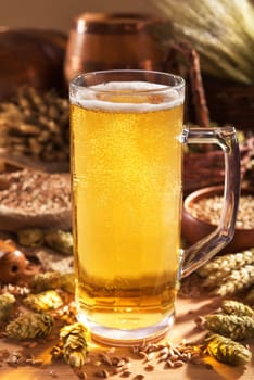 Beer mug with wheat,barley,hops and malt