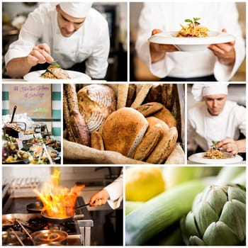 Collage on culinary theme consisting of delicious dishes