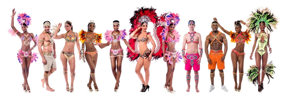 Group of samba dancers in a colorful carnival costume