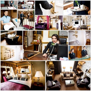 Collage of luxury living and bed room interior. Staffs at work.