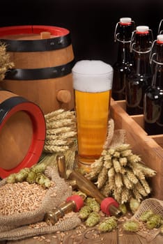 old beer carrier with beer glass,wheat,barley,hops and malt
