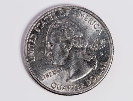 US Quarter Dollar close up on white background.