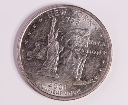 New York Quarter Dollar Close up on white background.