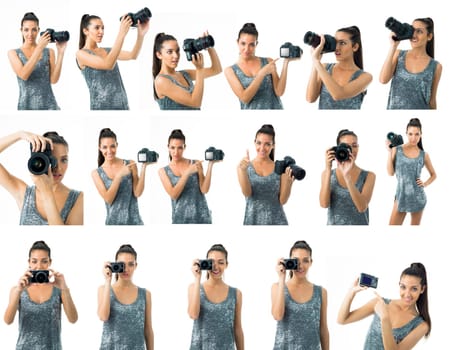 different expresions for a young beautiful woman photographer with a camera